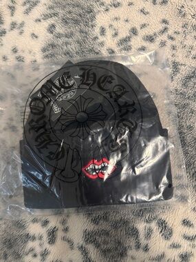 Chrome Hearts Black Beanie with Red Lip Embroidery